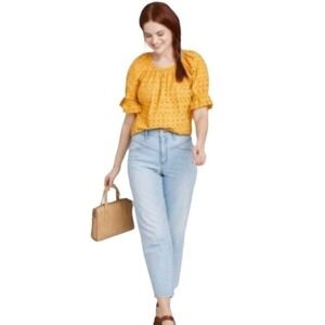 Universal Thread womens top Sz Small mustard cotton eyelet puff sleeve peasant